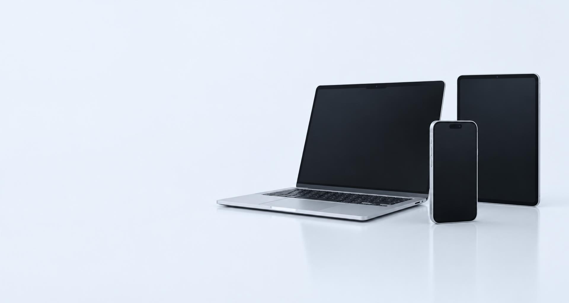 Silver laptop, smartphone, and tablet standing in a minimal studio